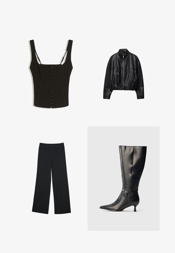 Veste en cuir noire avec fermeture éclair à l'avant, col montant, deux poches latérales, manches longues et sangle à boucle réglable à l'ourlet.; Haut noir ajusté sans manches avec larges bretelles, fermeture devant à agrafes, et fines bretelles réglables sur fond blanc.; Pantalons larges en tissu noir, avec des poches avant et une fermeture à bouton. Texture lisse, coupe ajustée et design à longueur complète.; Botte en cuir noire montant jusqu'au genou, avec un bout pointu et un petit talon bas, présentée sur un fond clair uni.