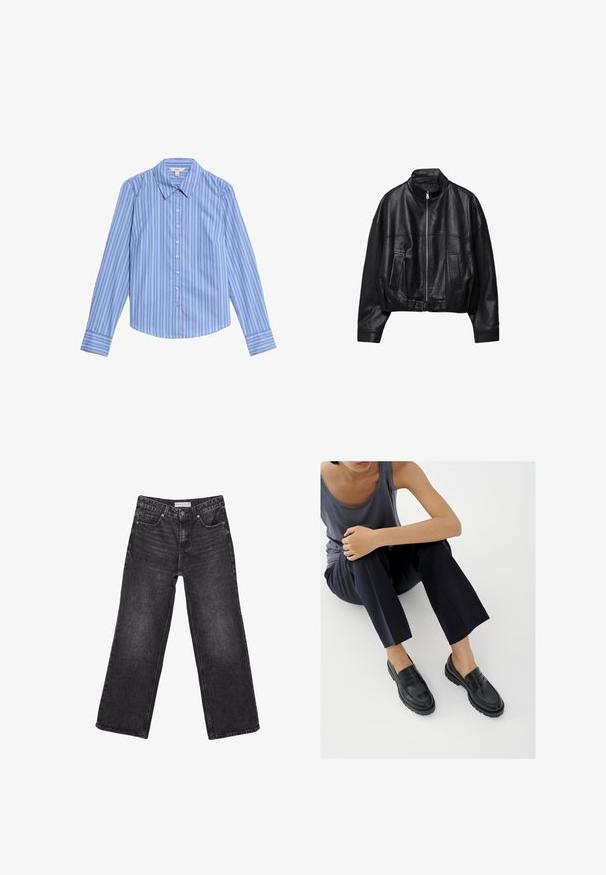 Zwarte leren jas met een ritssluiting aan de voorkant, opstaande kraag, twee zijzakken, lange mouwen en een verstelbare gespsluiting aan de zoom.; Blauw-wit gestreepte langarm blouse met knopen. Kenmerkt zich door een puntkraag en een gebogen zoom. Gemaakt van een gladde, lichte stof.; Zwarte wijde spijkerbroek met voorzakken en knoopsluiting, maatlabel 38 zichtbaar op de tailleband.; Zwarte leren loafers met textuurelementen, lage hak, ronde neus en zichtbare stiksels. Model draagt donkere broek en een grijze top.