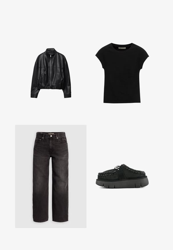 Veste en cuir noire avec fermeture éclair à l'avant, col montant, deux poches latérales, manches longues et sangle à boucle réglable à l'ourlet.; T-shirt noir à manches courtes avec un col rond. Confectionné en coton lisse et extensible. Design simple sans motifs ni graphismes.; Levi's® BAGGY DAD - Jean baggy - shrink up; Chaussure noire en daim à enfiler avec garniture en fourrure, coutures tressées et semelle épaisse noire. Présente une bande de marque sur le dessus.