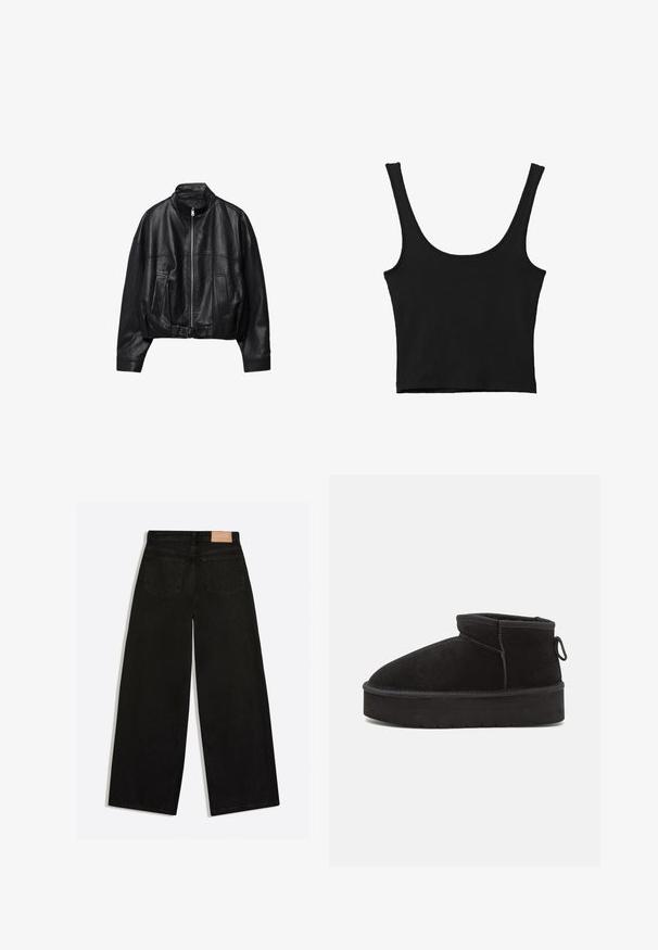 Sort læderjakke med frontlynlås, stående krave, to sidelommer, lange ærmer og justerbar spænde strop ved kanten.; Sort cropped tank top med brede skulderstropper, lavet i blødt materiale, med en glat tekstur og et minimalistisk design.; Sorte vidde jeans set bagfra med to baglommer og en brun lædermærke på linningen.; Sorte ruskinds ankelstøvler med en rund tå, der har en forhøjet sål og en sidesløjfe for nem påtagning. Designet er enkelt med minimale detaljer.