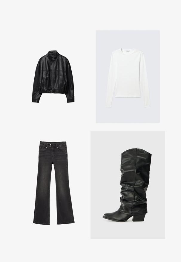 Veste en cuir noire avec fermeture éclair à l'avant, col montant, deux poches latérales, manches longues et sangle à boucle réglable à l'ourlet.; T-shirt blanc uni à manches longues avec col rond et coupe slim, présenté sur un fond gris clair.; Jean noir taille haute évasé avec fermeture double bouton et poches avant, montrant un subtil effet délavé sur les cuisses.; Bottes noires en cuir, montantes jusqu'au genou, avec un design plissé, un bout pointu et un talon épais, présentant une texture lisse et des coutures minimales.