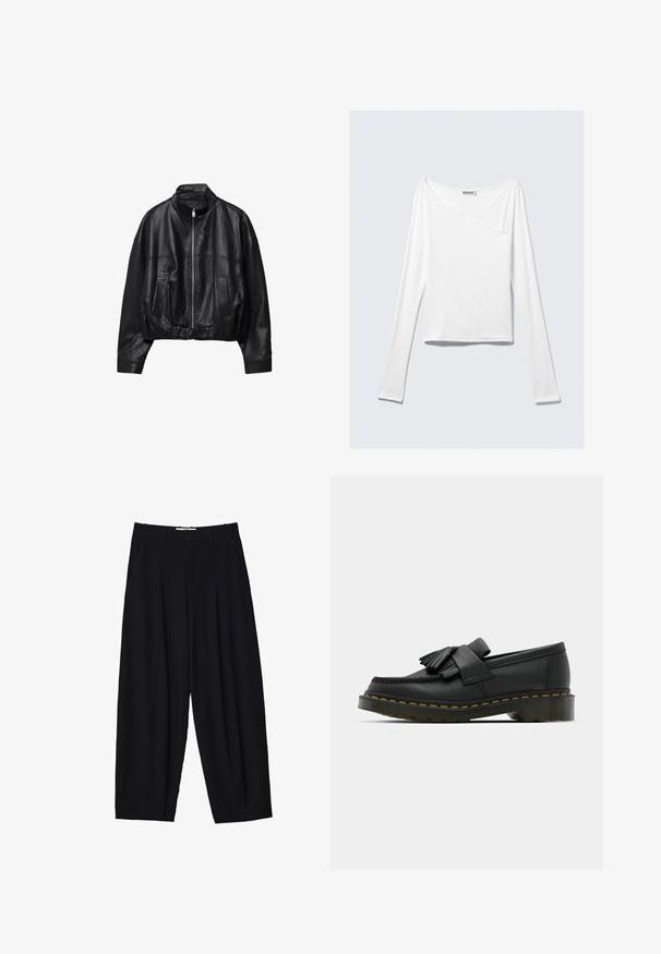 Veste en cuir noire avec fermeture éclair à l'avant, col montant, deux poches latérales, manches longues et sangle à boucle réglable à l'ourlet.; Haut blanc à manches longues avec un design croisé et une poche. Fabriqué dans un tissu lisse et extensible. Coupé dans une coupe décontractée et ample.; Pantalons larges noirs en tissu léger, avec des plis avant, une taille classique et des poches latérales. Texture douce.; Mocassins en cuir noir avec un bout rond, présentant un détail à franges et une bande décorative à l'avant, montés sur un talon épais.