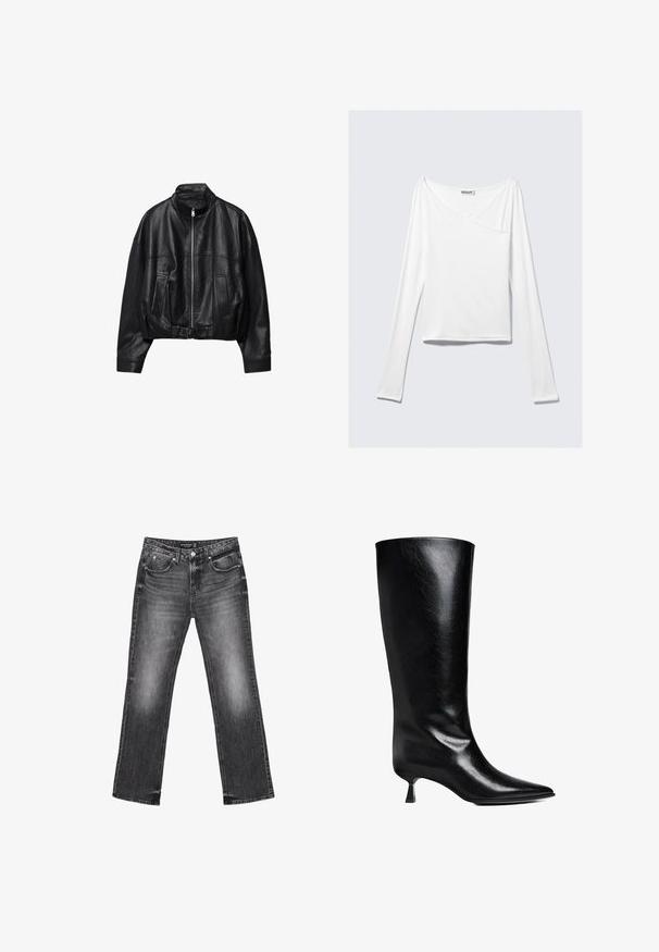 Schwarze Lederjacke mit Frontreißverschluss, Stehkragen, zwei Seitentaschen, langen Ärmeln und verstellbarem Schnallenriemen am Saum.; Weißes Langarmoberteil mit einem Überlappungsdesign und einer Tasche. Hergestellt aus einem glatten, elastischen Material. In einem lässigen, entspannten Schnitt.; Schwarze Denim-Jeans mit geradem Bein, verblasstem Design und fünf Taschen. Mit Gürtelschlaufen und Reißverschluss.; Schwarze Lederstiefel bis zum Knie mit spitzem Zehenbereich, schlanker Silhouette und niedrigem Blockabsatz mit glänzender Oberfläche.