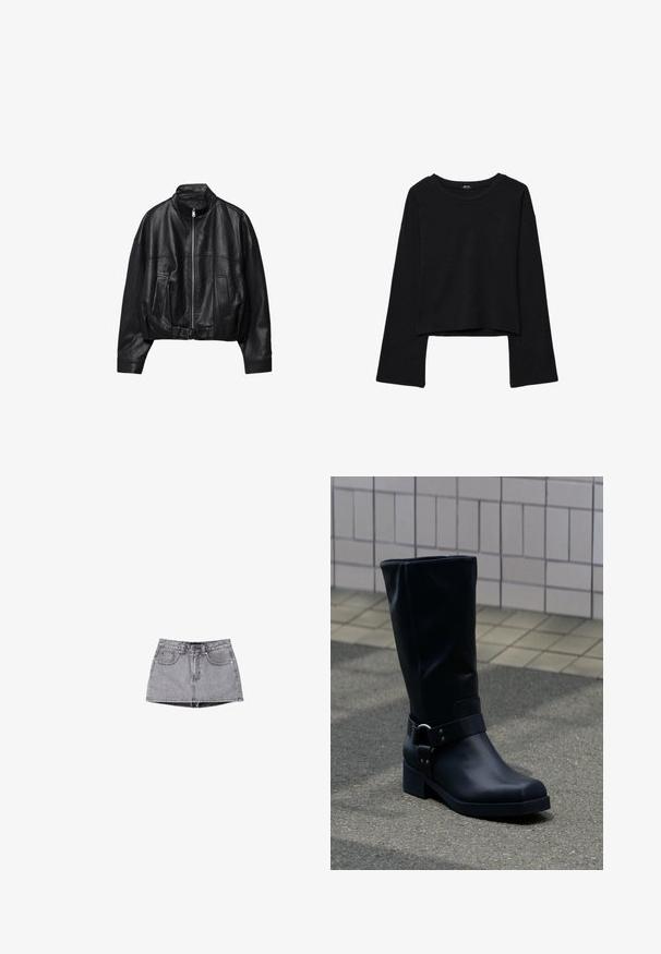 Veste en cuir noire avec fermeture éclair à l'avant, col montant, deux poches latérales, manches longues et sangle à boucle réglable à l'ourlet.; Chemise noire à manches longues, courte, avec un col rond et une coupe décontractée, présentée sur un fond blanc.; Jupe mini en denim de couleur gris délavé. Comprend une fermeture à boutons, des passants pour ceinture et deux poches avant. Texture lisse avec un effet de lavage subtil.; Botte en cuir noire mi-mollet avec un petit talon bloc et une bride décorative avec boucle métallique autour de la cheville, sur un trottoir carrelé.