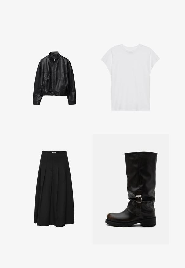 Veste en cuir noire avec fermeture éclair à l'avant, col montant, deux poches latérales, manches longues et sangle à boucle réglable à l'ourlet.; T-shirt blanc à manches courtes, col rond, coupe décontractée, en tissu de coton doux. Texture lisse, sans motifs ni logos.; Jupe midi plissée noire en tissu lisse. Elle présente une taille haute et une silhouette fluide avec des plissés soigneusement cousus.; Botte haute en cuir noir avec bout arrondi, talon bas, bride à boucle latérale et tige légèrement relâchée sur fond blanc.