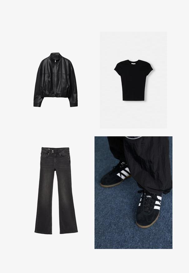 Sort læderjakke med frontlynlås, stående krave, to sidelommer, lange ærmer og justerbar spænde strop ved kanten.; Sort kortærmet t-shirt lavet af bomuld. Tætsiddende design, rund hals og glat tekstur. Ingen mønstre eller ekstra hardware synligt.; Sorte højtaljede flare jeans med dobbelt knaplukning og frontlommer, der viser subtile falmede detaljer på lårene.; Sorte suedetrainingssko med tre hvide striber og sorte snørebånd. Et tekstureret sort bukser er delvist synligt ved siden af skoene.
