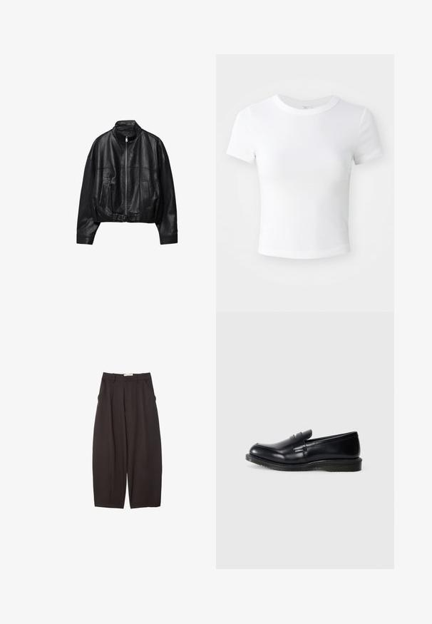 Zwarte leren jas met een ritssluiting aan de voorkant, opstaande kraag, twee zijzakken, lange mouwen en een verstelbare gespsluiting aan de zoom.; Effen witte cropped t-shirt met korte mouwen en ronde hals, weergegeven op een neutrale lichte achtergrond.; Zwarte wijde broek gemaakt van een gladde stof, met een hoge taille, voorplooien en zijzakken. Eenvoudig ontwerp zonder versieringen.; Zwarte leren instapper met een gladde afwerking, ronde neus en gestikte details op de voorkant, met een gestructureerde rubberen zool voor grip.