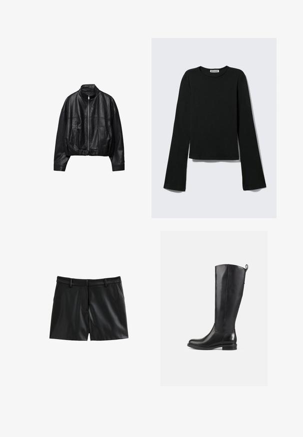Veste en cuir noire avec fermeture éclair à l'avant, col montant, deux poches latérales, manches longues et sangle à boucle réglable à l'ourlet.; T-shirt noir à manches longues avec col rond, silhouette ajustée et manches légèrement évasées, étiqueté avec la marque "Weekday" au niveau de l'encolure.; Shorts en cuir noir présentant une texture lisse, une coupe ajustée, des passants de ceinture et deux poches avant, avec un léger éclat.; Bottes en cuir noir jusqu'au genou avec une finition lisse, bout rond, talon bas et une languette à l'arrière. Design minimaliste sans motifs visibles.