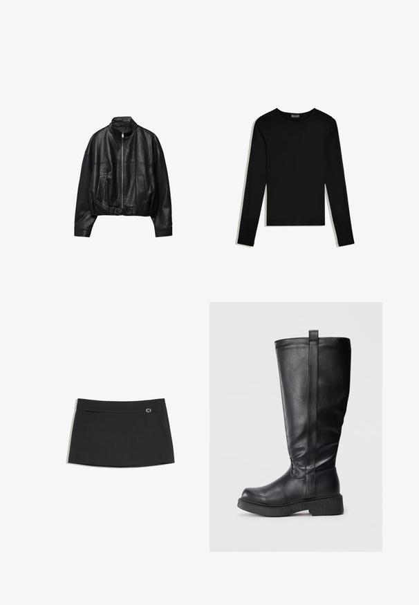 Veste en cuir noire avec fermeture éclair à l'avant, col montant, deux poches latérales, manches longues et sangle à boucle réglable à l'ourlet.; T-shirt noir à manches longues avec col rond, design épuré, posé à plat sur un fond blanc.; Jupe noire à coupe droite, taille plate avec un petit accent métallique carré. Texture lisse, design minimaliste.; Bottes noires montantes en cuir lisse avec un bout arrondi, une semelle plate et un détail de couture verticale sur le côté.