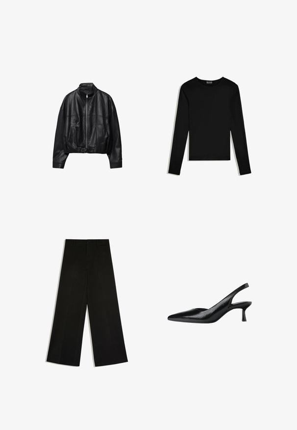 Veste en cuir noire avec fermeture éclair à l'avant, col montant, deux poches latérales, manches longues et sangle à boucle réglable à l'ourlet.; T-shirt noir à manches longues avec col rond, design épuré, posé à plat sur un fond blanc.; Pantalon noir à jambes larges avec passants de ceinture, fermeture devant par bouton et zip, posé à plat sur fond blanc.; Bottines noires à talons ouverts avec un bout pointu, fabriquées en matière synthétique texturée, présentant un talon fin et un design ouvert sur le côté.