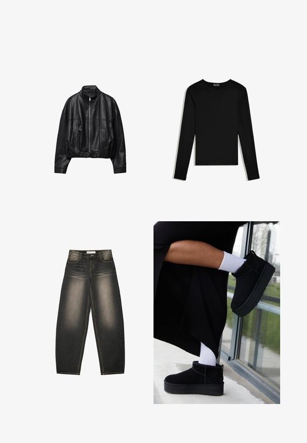 Sort læderjakke med frontlynlås, stående krave, to sidelommer, lange ærmer og justerbar spænde strop ved kanten.; Sort langærmet crew neck-shirt, ensfarvet design, lagt fladt på en hvid baggrund.; Grå denim bredbenede jeans med let lysning, fem lommer, kontraststing og en afslappet pasform. Ingen synlige mønstre eller udsmykninger.; Sorte suede ankelstøvler med flad sål, med en bageste træksløjfe, båret med hvide ankelstrømper mod en minimalistisk baggrund.