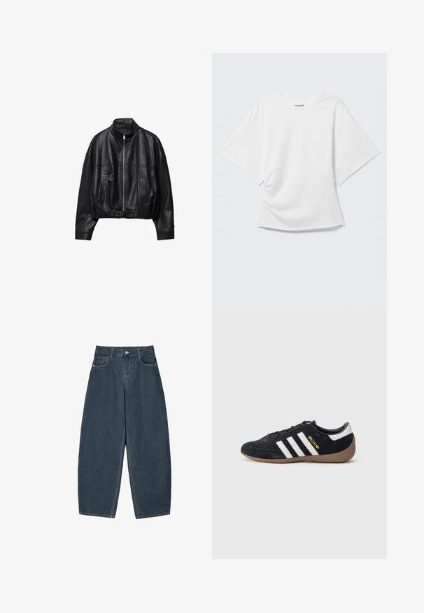 Sort læderjakke med frontlynlås, stående krave, to sidelommer, lange ærmer og justerbar spænde strop ved kanten.; Hvid oversized T-shirt med korte ærmer og rund hals vist på en lysegrå baggrund.; Mørkeblå denim buede bukser med høj talje, som har fem lommer og synlige stingdetaljer. Ren, minimalistik design.; Sort ruskindssneaker med tre hvide striber, gummisål og et lille gyldent logo på siden. Har en glat sort foring indvendigt.