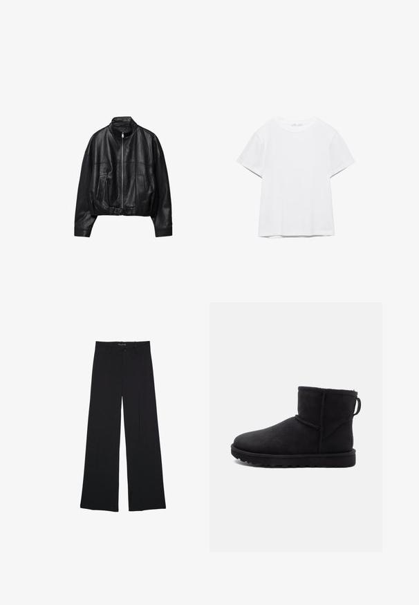 Veste en cuir noire avec fermeture éclair à l'avant, col montant, deux poches latérales, manches longues et sangle à boucle réglable à l'ourlet.; T-shirt blanc uni à manches courtes et col rond, avec un ourlet droit, présenté sur un fond blanc.; Pantalon noir à jambes larges avec passants de ceinture, bouton frontal et fermeture éclair, étalé à plat sur un fond blanc.; Bottine en daim noir, à bout rond, doublée de shearling et avec une semelle en caoutchouc plate. Elle présente une couture latérale et une languette à l'arrière.