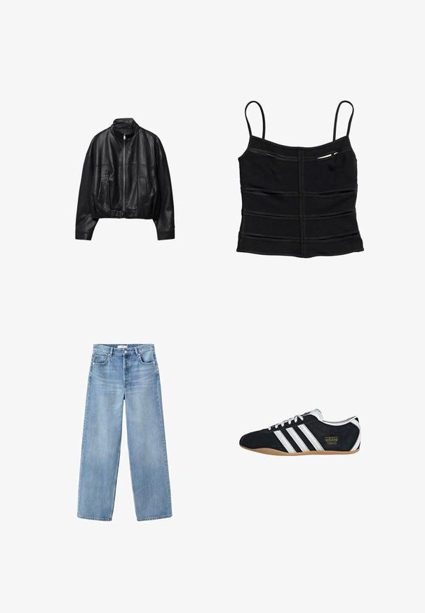 Veste en cuir noire avec fermeture éclair à l'avant, col montant, deux poches latérales, manches longues et sangle à boucle réglable à l'ourlet.; Crop top noir ajusté avec fines bretelles et détails de coutures horizontales sur le tissu.; Jean denim bleu clair à jambes larges avec poches avant et arrière, passants pour ceinture, et fermeture par bouton et fermeture éclair.; Sneakers en suede noir avec trois bandes blanches, logo doré et semelle en caoutchouc marron. Présente un design à lacets à profil bas.