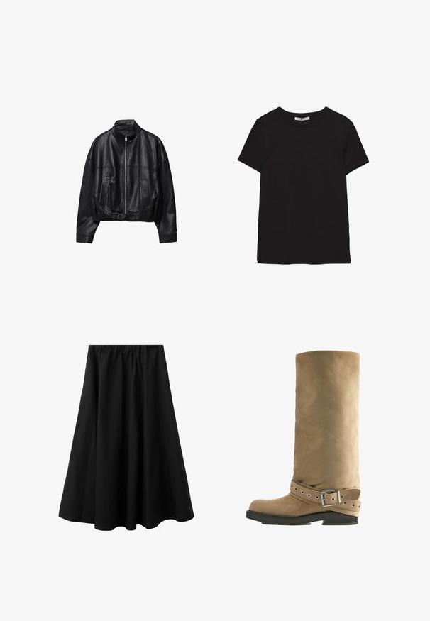 Veste en cuir noire avec fermeture éclair à l'avant, col montant, deux poches latérales, manches longues et sangle à boucle réglable à l'ourlet.; T-shirt noir en coton à manches courtes avec encolure ronde, coupe standard et étiquette intérieure visible au niveau du col.; Jupe midi noire avec taille élastique et légère évasement, en tissu lisse adaptée pour un usage décontracté ou formel.; Botte haute jusqu'au genou en daim beige avec semelle noire et bride décorative avec boucle argentée autour de la cheville.