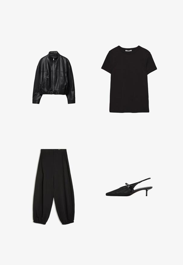 Veste en cuir noire avec fermeture éclair à l'avant, col montant, deux poches latérales, manches longues et sangle à boucle réglable à l'ourlet.; T-shirt noir en coton à manches courtes avec encolure ronde, coupe standard et étiquette intérieure visible au niveau du col.; Pantalon noir ample avec plis et poignets élastiqués, taille haute et jambes larges fuselées.; Talons aiguilles noires à bride arrière, avec un bout pointu, une tige en mesh texturé, une fine sangle ajustable avec une boucle en argent et un talon aiguille de 5 cm.