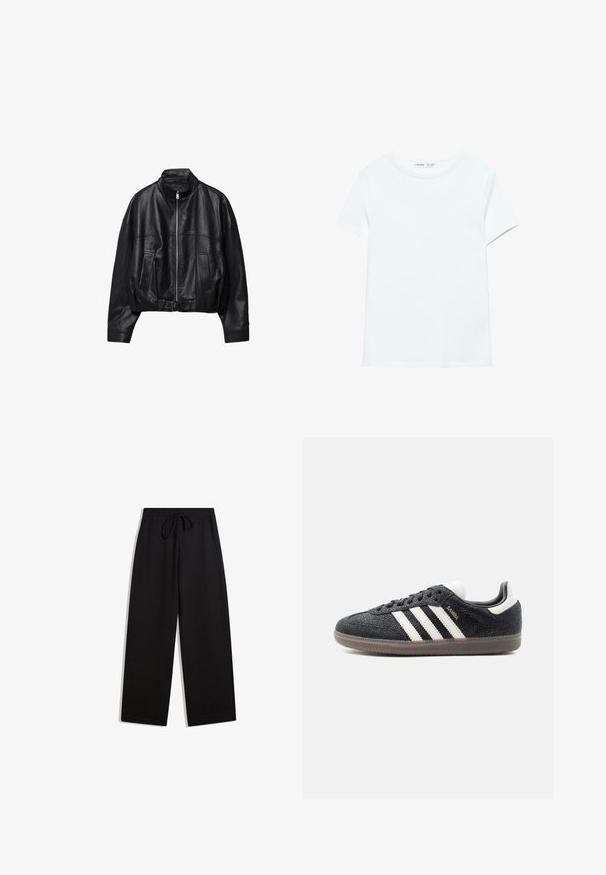 Veste en cuir noire avec fermeture éclair à l'avant, col montant, deux poches latérales, manches longues et sangle à boucle réglable à l'ourlet.; T-shirt blanc uni en coton à manches courtes, col rond, présenté à plat sur un fond blanc, sans motifs ni logos visibles.; Pantalons de survêtement noirs en tissu doux, avec une taille à cordon de serrage, un design à jambe large et sans motifs ni accents visibles.; Baskets Adidas Samba noires avec des bandes blanches, semelle en gomme et texte doré "Samba" sur le côté, vues de profil gauche sur fond uni.