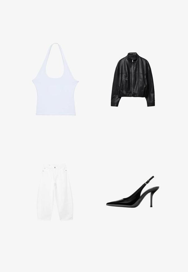 Veste en cuir noire avec fermeture éclair à l'avant, col montant, deux poches latérales, manches longues et sangle à boucle réglable à l'ourlet.; Haut blanc sans manches à col halter avec un profond décolleté arrondi et une taille cintrée, présenté à plat sur fond blanc.; Jean blanc à jambes larges avec boutons et fermeture éclair à l'avant, passants pour ceinture, poches latérales et avant, présenté sur un fond uni.; Chaussure à talon haut à bride arrière en cuir verni noir avec bout pointu et bride ajustable à boucle sur fond blanc.