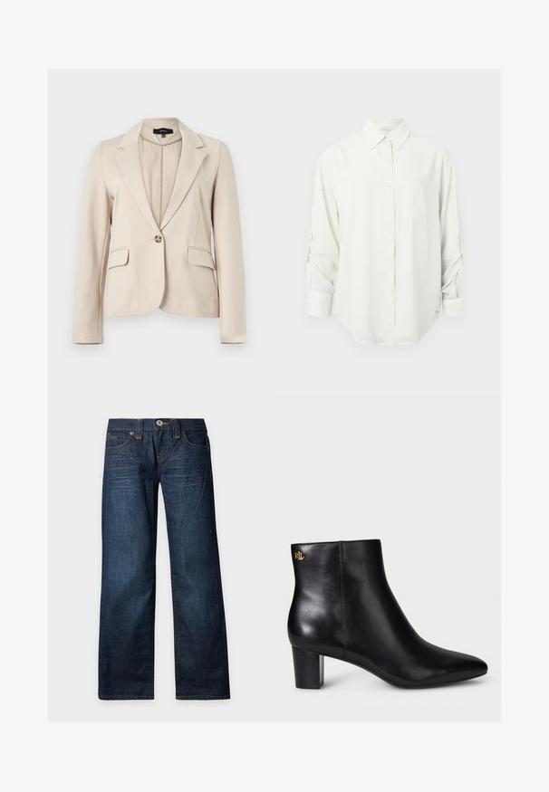 Beiger einreihiger Blazer mit Reverskragen, zwei vorderen Pattentaschen und langen Ärmeln, gefertigt aus glattem Stoff.; Weißes Langarmhemd mit Knopfleiste und Kragen, einer einzelnen Brusttasche und hochgekrempelten Ärmeln. Weicher, glatter Stoff und entspannter Schnitt.; Dunkelblaue Jeans mit geradem Bein, verwaschenen Details, Knopf- und Reißverschluss und Fünf-Taschen-Design auf hellem einfarbigem Hintergrund.; Schwarze Leder-Stiefelette mit spitzer Zehe und Blockabsatz. Verfügt über ein Gold-Logo-Detail auf der Rückseite. Glatte Textur mit einem eleganten Design.