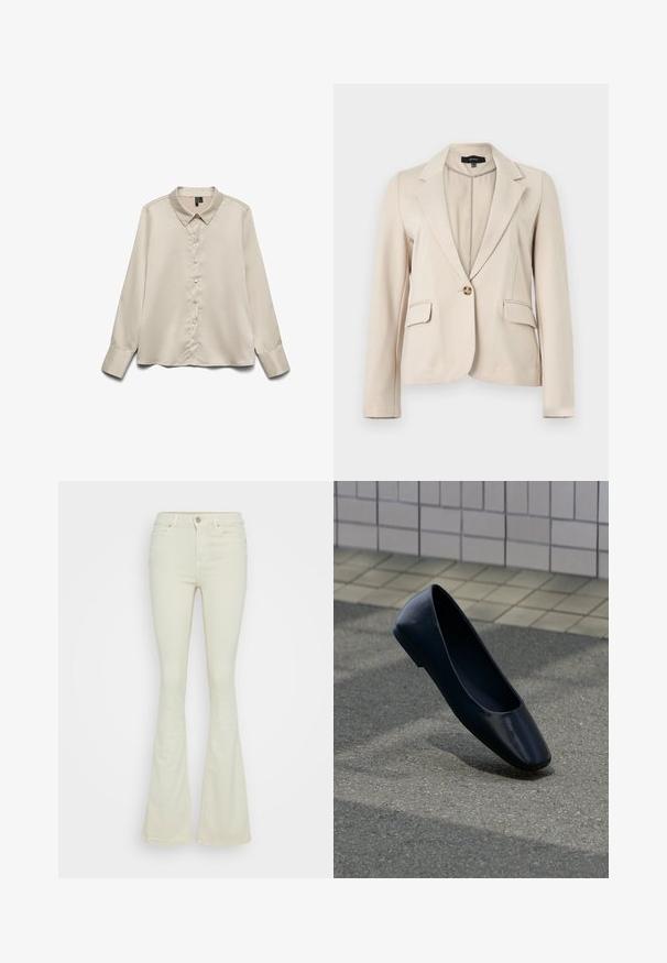 Beige enkeltknappet blazer med hakkede revers, to forlommer med klap og lange ærmer, lavet af glat stof.; Lys beige langærmet blouse lavet af glat stof, med spidse kraver, fuld knaplukning og enknapsmanchetter.; Flared jeans i lys beige bomuldsdenim med høj talje, fem-lomme design og klassisk metallukning med lynlås.; Sort læder flad sko, stående opret på en asfaltbelægning nær en flisebelagt fortovskant.