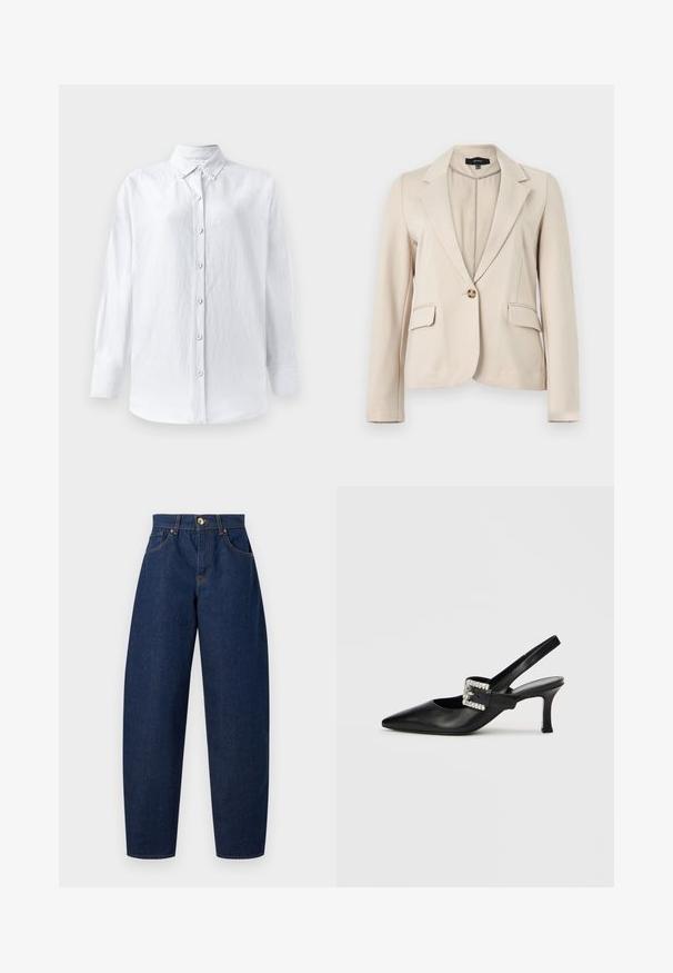 Beige enkeltknappet blazer med hakkede revers, to forlommer med klap og lange ærmer, lavet af glat stof.; Hvid, knappet skjorte lavet af tekstureret stof, med krave, lange ærmer og en frontplade med seks synlige knapper.; Mørkeblå denimjeans med lige ben, høj talje, knaplukning og orange syninger. Har fem lommer og et klassisk design.; Sort lædersko med slingback, spids tå, lille hæl og spænde med rhinsten. Glat tekstur, minimalistisk design.
