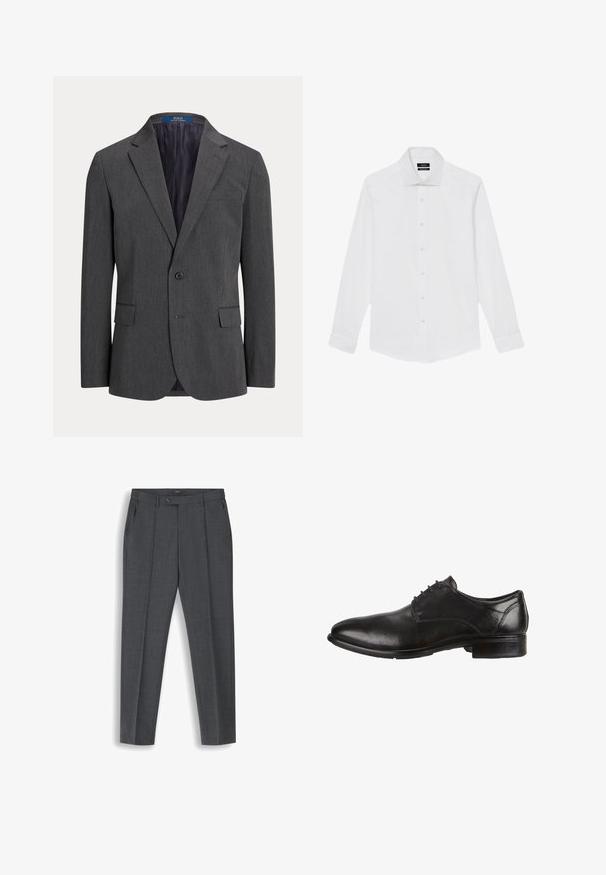 Dunkelgrauer Blazer aus strukturiertem Stoff. Mit einem Knopf, Revers mit Kerbe und zwei Seitentaschen. Innenfutter in Navyblau.; Weißes Herrenhemd mit langen Ärmeln, klassischem Kragen und Knopfleiste vorne, flach auf weißem Hintergrund dargestellt.; Dunkelgraue maßgeschneiderte Herrenhose mit vorderen Bundfalten, Gürtelschlaufen, seitlichen Taschen und einem Knopfverschluss am Bund.; Schwarze Leder-Dressschuhe mit glatter Oberfläche, runder Zehenform, Schnürdesign und niedrigem, gestapeltem Absatz. Dezente Nähte sind sichtbar.