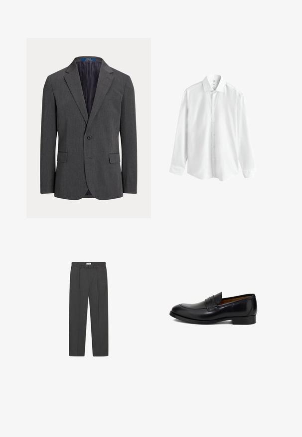 Blazer gris oscuro hecho de tela texturizada. Presenta un solo botón, solapas con muesca y dos bolsillos laterales. Forro interior en color azul marino.; Camisa blanca de manga larga hecha de tela suave, con cuello clásico, botones frontales y dobladillo curvo. Sin estampados ni adornos.; Pantalones grises a medida con un sutil patrón de cuadro, tejido texturizado y pliegues delanteros, presentando una cinturilla con pasadores para cinturón.; Mocasín de cuero negro con acabado liso, punta redondeada, costuras decorativas y tacón bajo apilado. Diseño clásico sin cordones.