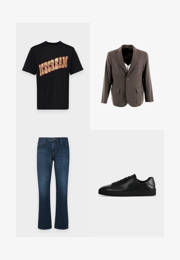 Grijze blazer met een twee-knopen sluiting, notch revers, voorzakken en een gladde textuur. De binnenvoering is zwart.; Zwarte katoenen t-shirt met een grote, gedurfde "ICECREAM" grafiek in geel en rood, met een tekstuur en patroonontwerp op de letters.; Donkerblauwe denim jeans met een rechte pijp, vijf zakken en een metalen knoopsluiting. Glad materiaal met subtiele vervaging.; Zwart leren sneaker met lage schacht, veters aan de voorkant en een getextureerde platte zool, zijaanzicht op een neutrale achtergrond.