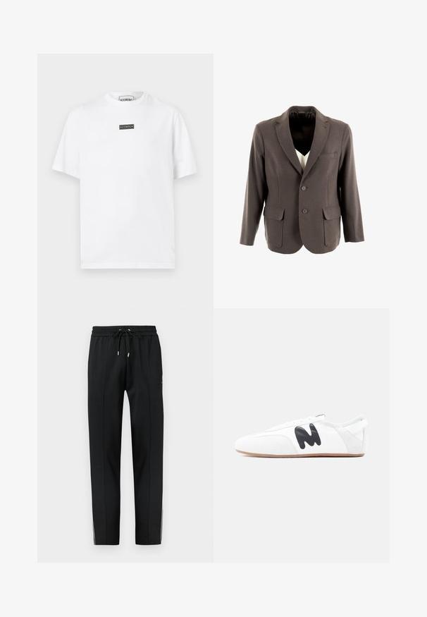 Blazer gris avec une fermeture à deux boutons, un revers cranté, des poches avant et une texture lisse. La doublure intérieure est noire.; T-shirt en coton blanc avec un col rond, des manches courtes et un patch logo rectangulaire noir sur la poitrine. Design simple et minimaliste.; Pantalon de survêtement noir fuselé avec taille élastique et cordon de serrage, présentant des détails de coutures discrètes et des bandes blanches sur les côtés des jambes inférieures.; Baskets blanches à profil bas avec un logo "M" noir sur le côté et une semelle brun clair, vues de l'extérieur sur un fond uni.