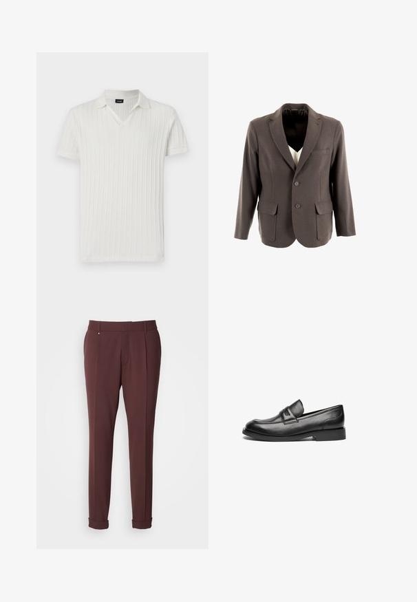 Blazer gris con cierre de dos botones, solapas en pico, bolsillos frontales y una textura suave. El forro interior es negro.; Polo blanco de manga corta con cuello en V y cuello doblado. Textura suave con patrón vertical. La etiqueta dentro del cuello dice "JOOP!"; Pantalones entallados burdeos con una textura suave, que presentan trabillas para cinturón, pliegues frontales y dobladillos enrollados para un ajuste ceñido.; Mocasines de cuero negro presentan una puntera redondeada, una costura cosida en la parte superior y una suela de goma baja y plana. Textura suave sin patrones visibles.