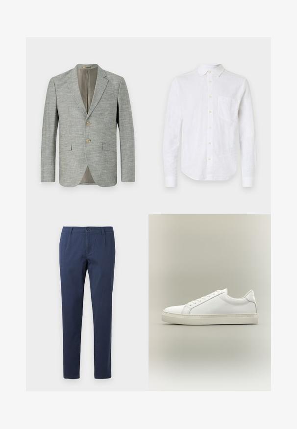 Lichtgrijze blazer van gestructureerde stof, met twee opgestikte zakken aan de voorkant, notched revers en twee knopen. Binnenvoering in beige.; Witte linnen overhemd met lange mouwen, een knoopsluiting bij de kraag, een borstzak en parelachtige knopen. Heeft een gebogen zoom en een gestructureerde stof.; Marineblauwe broek van lichtgewicht stof, met een frontale knoopsluiting, twee zijzakken en een recht gesneden ontwerp.; Witte lage sneaker met veters aan de voorkant en dikke zool, zijaanzicht tegen een neutrale achtergrond.