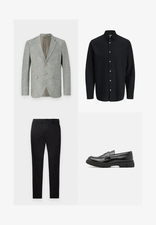 Lichtgrijze blazer van gestructureerde stof, met twee opgestikte zakken aan de voorkant, notched revers en twee knopen. Binnenvoering in beige.; Zwart overhemd met lange mouwen, knoopsluiting, klassieke kraag en witte knopen, vooraanzicht op een effen achtergrond.; Zwarte slim-fit broek met knoop- en ritssluiting, riemlussen en zonder zichtbare zakken, getoond tegen een witte achtergrond.; Zwarte leren instapper met een brede band over de voet, rubberen zool met dikke noppen en een gladde textuur. Klassiek, strak ontwerp.