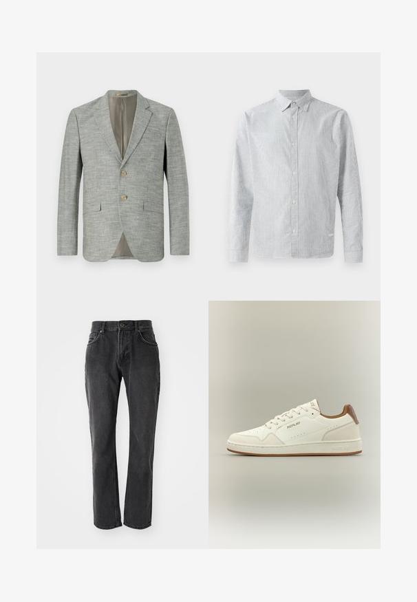 Lichtgrijze blazer van gestructureerde stof, met twee opgestikte zakken aan de voorkant, notched revers en twee knopen. Binnenvoering in beige.; Gestreepte overhemd in lichtblauw en wit, met een klassieke kraag, lange mouwen en een regular fit van soepele stof.; Zwarte denim jeans met een rechte pasvorm, voorzien van vijf zakken, een knoopsluiting en gestikte details langs de naden en zakken.; Witte lage sneaker met een bruine kraag, geperforeerde details, vetersluiting aan de voorkant en "Replay" branding op de zijkant, tong en zool.