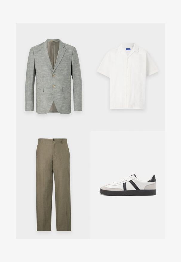 Blazer gris clair en tissu texturé, avec deux poches avant, des revers en notch et deux boutons. Doublure intérieure beige.; Chemise blanche à manches courtes avec fermeture à boutons, présentant des motifs complexes sur le devant et un design de col classique.; Pantalons en mélange de lin vert olive avec une coupe droite, poches avant, fermeture par un bouton simple et une texture lisse.; Baskets blanches avec des accents noirs et gris, présentant un embout texturé gris, une semelle en caoutchouc noir et des lacets plats blancs. Design épuré, style minimaliste.