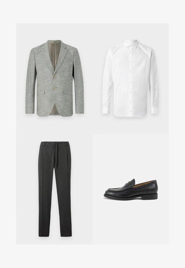 Lysegrå blazer i tekstureret stof med to forlommer, slå-om krave og to knapper. Indvendigt foret i beige.; Hvid langærmet skjorte med knapper, klassisk krave, frontplacket med knapper og en glat bomuldsstruktur.; Mørkegrå bukser med struktureret stof, lige ben-design, forknyttede folder og en talje med snor. Ingen synlige lommer eller detaljer.; Sort læder herresko med syninger, lav stakket hæl og en smal rem over overdelen, vist fra siden på en hvid baggrund.