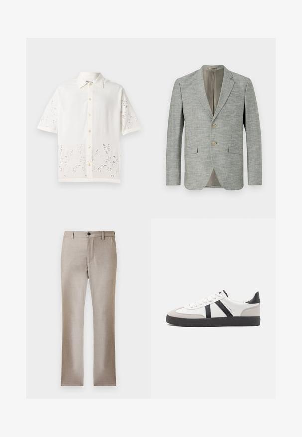 Lysegrå blazer i tekstureret stof med to forlommer, slå-om krave og to knapper. Indvendigt foret i beige.; Hvid kortærmet skjorte lavet af letvægtsstof, med knaplukning foran, broderet blomsterdesign langs kanten og klassisk krave.; Beige skræddersyede bukser i et glat, let stof, med lynlås og knaplukning. Har to sidelommer og en slank lige ben-design.; Hvide sneakers med sorte og grå detaljer, med en tekstureret grå tåhætte, sort gummisål og flade hvide snørebånd. Rent design, minimalistisk stil.