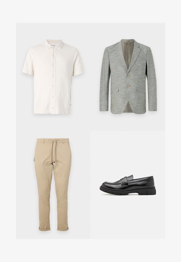 Blazer gris clair en tissu texturé, avec deux poches avant, des revers en notch et deux boutons. Doublure intérieure beige.; Polo à manches courtes en blanc cassé, avec un tissu texturé, des boutons de fermeture et un col classique. Style simple et polyvalent.; Pantalons beiges à cordon de serrage avec une coupe fuselée, dotés de poches latérales et de bas de jambes resserrés pour un design épuré. Fabriqués en tissu léger.; Mocassin en cuir noir avec une large sangle sur le devant, semelle en caoutchouc à épaisse rainure, et texture lisse. Design classique et élégant.