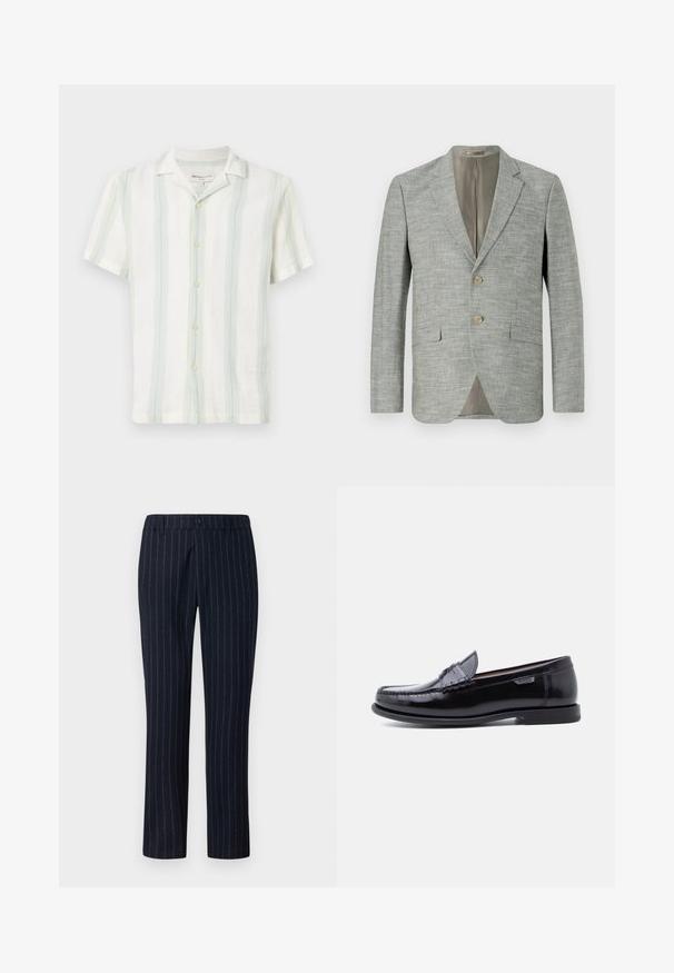 Lysegrå blazer i tekstureret stof med to forlommer, slå-om krave og to knapper. Indvendigt foret i beige.; Kortærmet skjorte med krave i hvid med lodrette striber i lys grøn og blå. Tekstureret stof med frontknapper og standard kant.; DRYKORN GARONA - Bukser - blue; Sorte læderloafer med en blank finish, der har et syet mønster på tåen og en lav, tekstureret sort gummisål.