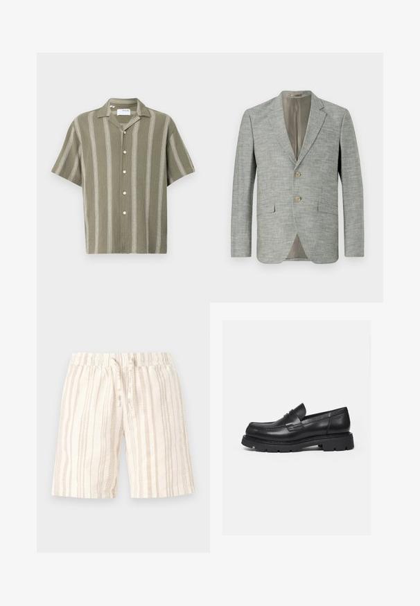 Lichtgrijze blazer van gestructureerde stof, met twee opgestikte zakken aan de voorkant, notched revers en twee knopen. Binnenvoering in beige.; Korte mouwen, olijfgroen shirt met verticale witte strepen en een knoopsluiting aan de voorkant. Gemaakt van gestructureerde stof, met een kraag.; Lichtbeige shorts met verticale strepen in verschillende tinten. Voorzien van een elastische tailleband en een koord voor aanpassing. Zacht, gestructureerd materiaal.; Zwarte leren loafer met dikke geribbelde zool en pennyriemdetail, getoond in rechter zijprofiel op witte achtergrond.