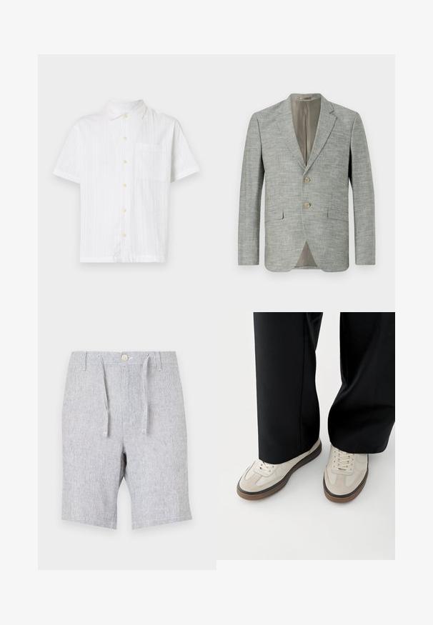 Lichtgrijze blazer van gestructureerde stof, met twee opgestikte zakken aan de voorkant, notched revers en twee knopen. Binnenvoering in beige.; Witte short-sleeve shirt met een knoopsluiting aan de voorkant, voorzien van een enkele zak, gestructureerde stof en lichtgele knopen.; Lichtgrijze shorts van gestructureerde stof, met een trekkoord en knoopsluiting, twee zijzakken en een rechte pijpdesign.; Voeten met beige sneakers met bruine zolen en zwarte wijde broekspijpen op een witte achtergrond.