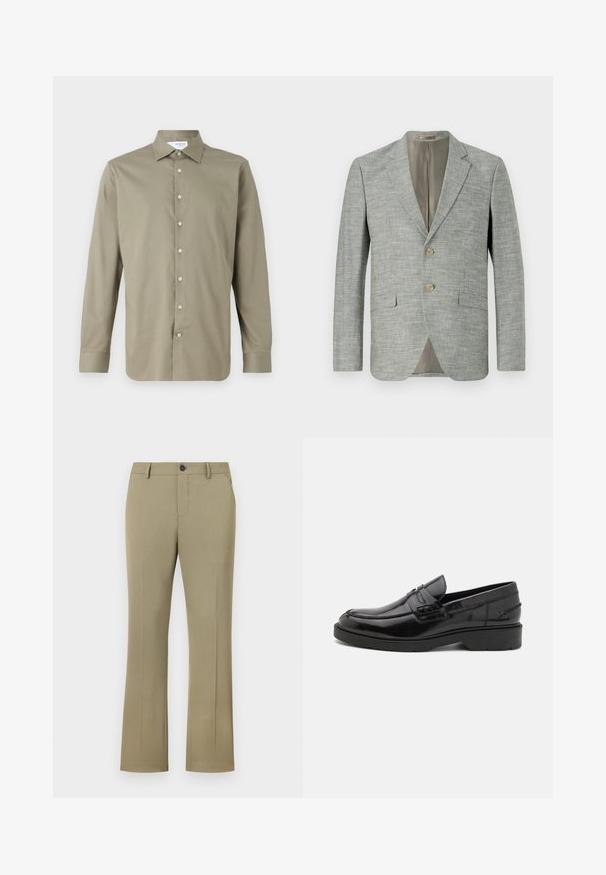Hellgrauer Blazer aus strukturiertem Stoff, mit zwei vorderen Taschen, Reverskragen und zwei Knöpfen. Innenfutter in Beige.; Langarmhemd in Olivgrün. Knopfleiste mit hellen Knöpfen. Weiche Textur und taillierte Passform mit klassischem Kragen.; Hellbraune, ausgestellte Hose mit einer glatten, gewebten Textur. Sie verfügt über einen Knopfverschluss, einen Reißverschluss und seitliche Taschen und hat eine taillierte Passform.; Schwarze Lederloafers mit glatter Oberfläche, abgerundetem Zehenbereich, niedrigem Absatz und dekorativer Naht entlang der Vorderseite. Gummisohle für guten Halt.