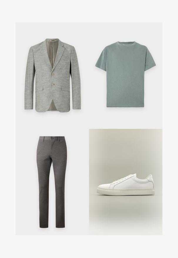 Blazer gris clair en tissu texturé, avec deux poches avant, des revers en notch et deux boutons. Doublure intérieure beige.; T-shirt vert à col rond en coton doux. Manches courtes, coupe décontractée et couture soignée le long de l'ourlet. Design minimaliste sans motifs.; Pantalons gris avec un tissu texturé, coupe droite, poches avant et une fermeture à bouton unique à la taille.; Baskets blanches basses à lacets sur l’avant et semelle épaisse, vues de côté sur un fond neutre.