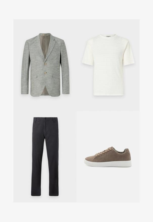 Lichtgrijze blazer van gestructureerde stof, met twee opgestikte zakken aan de voorkant, notched revers en twee knopen. Binnenvoering in beige.; Witte T-shirt met korte mouwen, gemaakt van textuurstof met een subtiel horizontaal patroon. Ronde halsontwerp, losse pasvorm.; Zwarte rechte broek met zijzakken, een sluiting met knoop aan de voorkant en riemlussen op een witte achtergrond.; Bruine suède sneakers met platte witte rubberen zolen, vetersluiting, ronde neus en een gladde textuur. Minimalistische stijl met subtiele stikdetails.