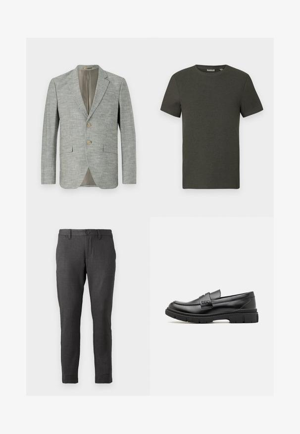 Blazer gris clair en tissu texturé, avec deux poches avant, des revers en notch et deux boutons. Doublure intérieure beige.; T-shirt à manches courtes vert foncé avec un col rond, fabriqué en tissu côtelé ; présente un design simple et minimaliste sans motifs.; Only & Sons ONSMARK Slim Fit - Chino - coffee bean; Mocassin en cuir noir avec une large sangle sur le devant, semelle en caoutchouc à épaisse rainure, et texture lisse. Design classique et élégant.