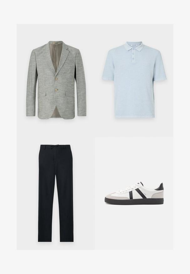 Lichtgrijze blazer van gestructureerde stof, met twee opgestikte zakken aan de voorkant, notched revers en twee knopen. Binnenvoering in beige.; Lichtblauwe polo met korte mouwen, gemaakt van gestructureerde stof, met een kraag en drie knopen aan de voorkant in dezelfde kleur.; Zwarte broek van een lichtgewicht materiaal, met een rechte snit, verstelbare trekkoord taille en twee zijzakken.; Witte sneaker met zwarte en grijze accenten, voorzien van een grijze neus met textuur, zwarte rubberen zool en platte witte veters. Schoon ontwerp, minimalistische stijl.