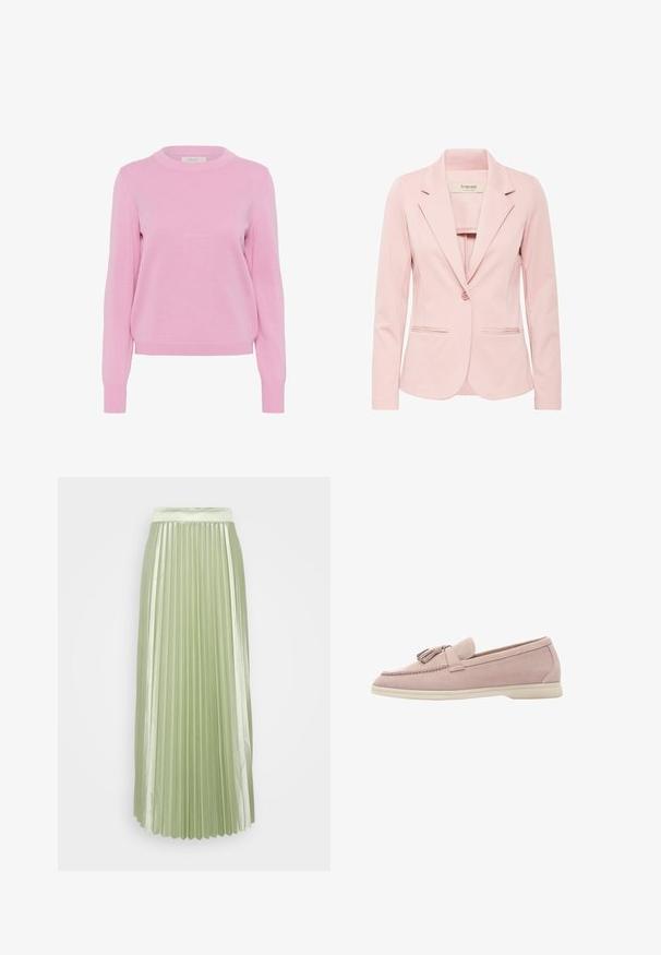 Blazer rosa claro hecho de una tela suave. Presenta un cuello clásico, cierre de un solo botón, dos bolsillos laterales y mangas largas.; Suéter de punto rosa claro con cuello redondo, mangas largas y puños y bajo acanalados. Presenta una textura suave y un corte clásico.; Falda plisada en satén verde claro con una cinturilla ancha y plisados verticales, que crean una silueta suave y fluida.; Zapato de ante rosa claro tipo deslizante con puntera redondeada y acento de borlas. Presenta una textura suave y una suela de goma beige.