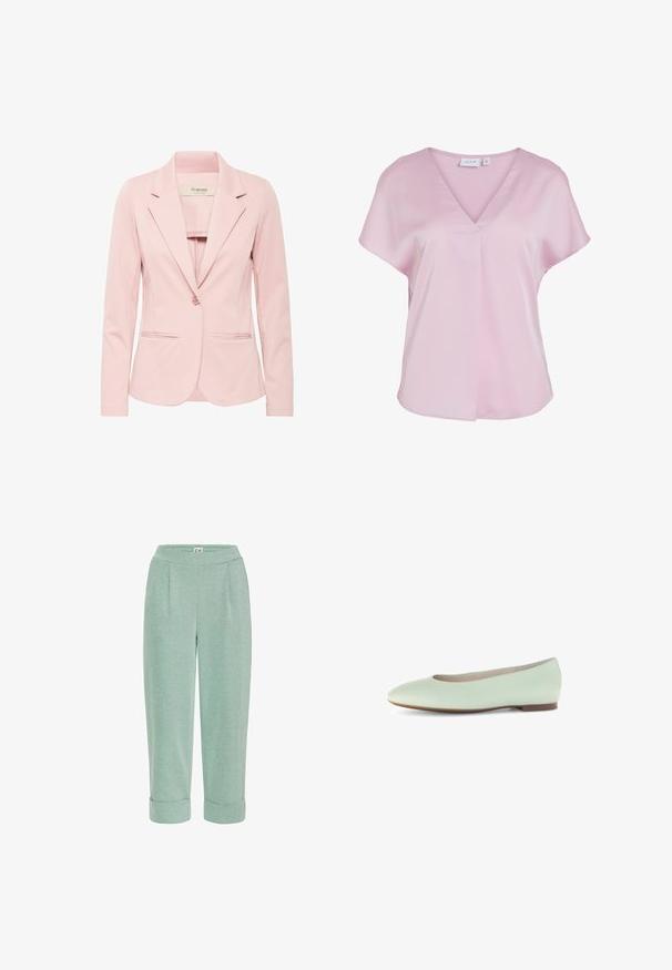 Helle rosa Blazer aus weichem Stoff. Er hat ein klassisches Revers, einen Einzelknopf-Verschluss, zwei seitliche Taschen und lange Ärmel.; Hellrosa Kurzarmbluse mit V-Ausschnitt und lockerem Schnitt, aus glattem Stoff gefertigt, mit kleinem vorderem Falten-Detail.; Hellgrüne, kurz geschnittene Hose mit weicher Textur, die über umgeschlagene Säume und Frontfalten verfügt, entworfen für Komfort und Freizeitkleidung.; Helle mintgrüne Leder-Ballettschuhe mit runder Spitze, minimalistisches Design und flacher Sohle, mit glatter Textur und ohne Verzierungen.