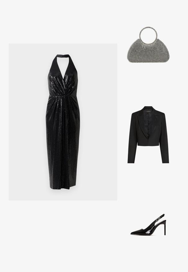 Sort cropped blazer lavet af glat stof med satinfinish. Har en blank sort pailletkrave og en enkelt lukning foran.; Sorte halterneck-kjole lavet af perlebesat stof, med en dyb V-udskæring, samlet talje og en tætsiddende silhuet, der falder til midt på læggen.; Sort patentlæder slingback hæl med spids tå og stiletto hæl. Har et udsnit design og justerbar rem med metalhardware.; Sort aftenkobling dækket med et gitter af sølvfarvede rhinsten og et matchende rundt håndtag med rhinsten på en hvid baggrund.