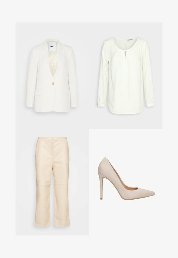 Blazer blanc avec un seul bouton doré, revers pointus, deux poches avant et une doublure satinée. Design simple et ajusté.; Anna Field by Zalando Tunique - off-white; Esprit Collection Pantalon classique - dusty nude; Escarpin à talons hauts en cuir beige avec un bout pointu, une texture lisse et un talon aiguille élancé. Design minimaliste sans ornements supplémentaires.