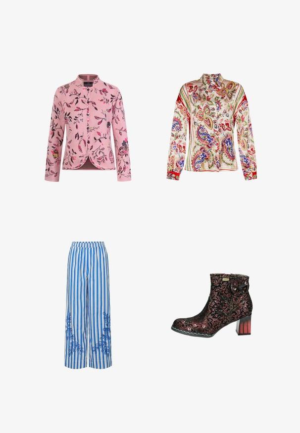 Lyserød jakke med blomsterprint, rund udskæring, lange ærmer og knaplukninger foran. Har varierede blade- og blomstermotiver.; Langærmet bluse i let materiale med et flerfarvet paisley-mønster med røde accenter, krave-udskæring og knaplukning.; Blå og hvide stribede brede bukser med elastisk talje, prydet med broderede blomsterdesigns på de nederste sider. Fremstillet af letvægtsstof.; Sorte ankelstøvler i lace med rødt blomstermotiv. Rund tå og kraftig hæl. Dekorativt stofblomstdetalje og kontrastsyet.